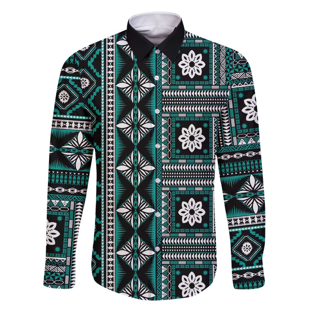 Fiji Masi Tapa Pattern Teal Family Matching Off Shoulder Short Dress and Hawaiian Shirt - Polynesian Pride