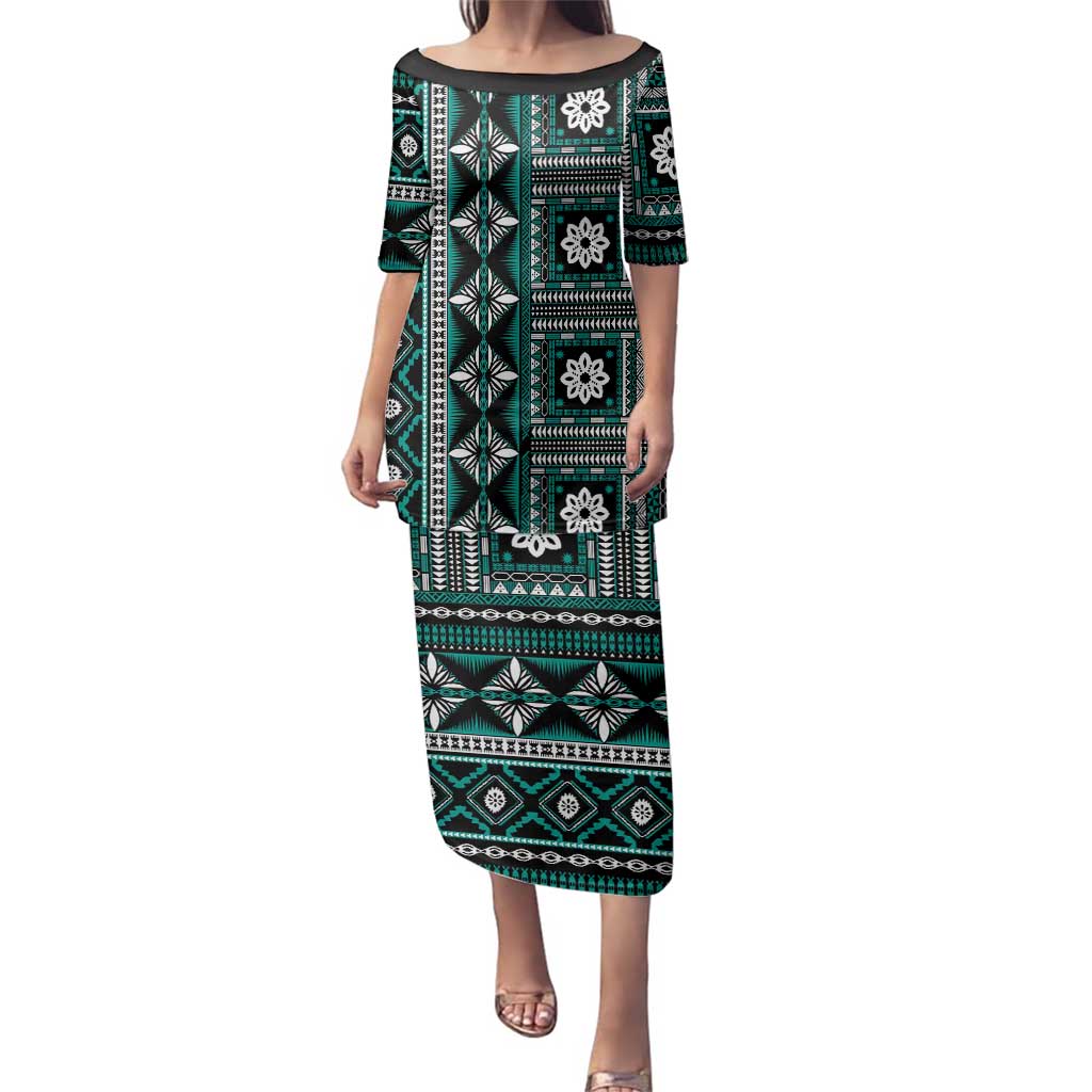 Fiji Masi Tapa Pattern Teal Family Matching Puletasi and Hawaiian Shirt - Polynesian Pride