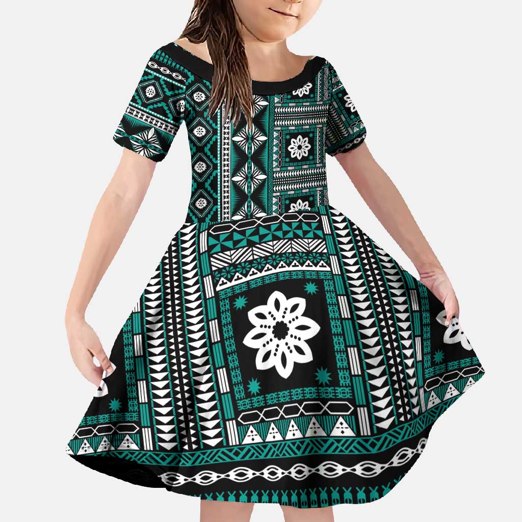 Fiji Masi Tapa Pattern Teal Family Matching Short Sleeve Bodycon Dress and Hawaiian Shirt LT01 Daughter's Dress Teal - Polynesian Pride