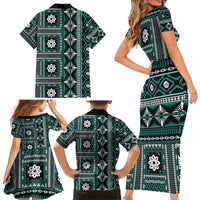 Fiji Masi Tapa Pattern Teal Family Matching Short Sleeve Bodycon Dress and Hawaiian Shirt LT01 - Polynesian Pride