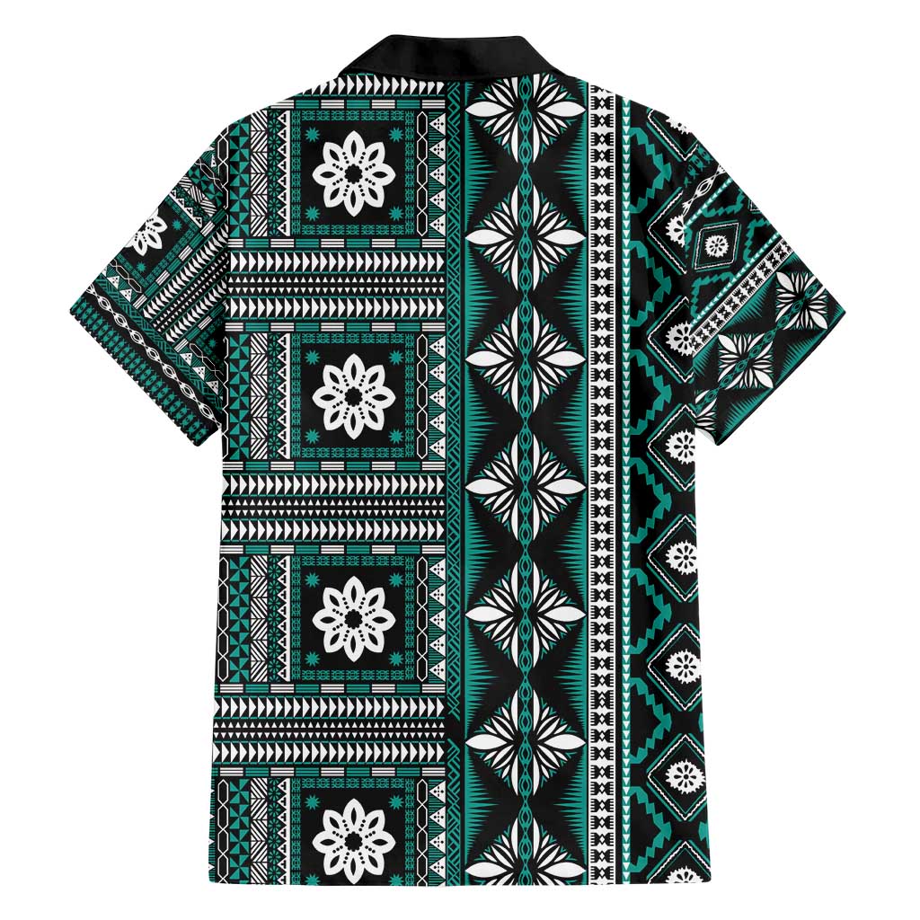 Fiji Masi Tapa Pattern Teal Family Matching Short Sleeve Bodycon Dress and Hawaiian Shirt LT01 - Polynesian Pride