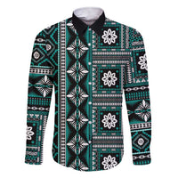 Fiji Masi Tapa Pattern Teal Family Matching Short Sleeve Bodycon Dress and Hawaiian Shirt LT01 Dad's Shirt - Long Sleeve Teal - Polynesian Pride