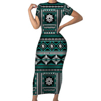 Fiji Masi Tapa Pattern Teal Family Matching Short Sleeve Bodycon Dress and Hawaiian Shirt LT01 Mom's Dress Teal - Polynesian Pride
