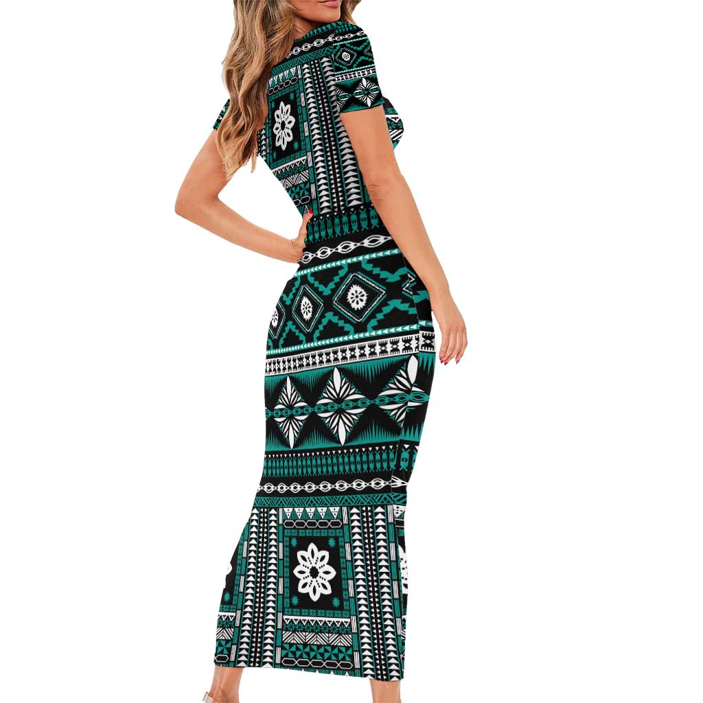 Fiji Masi Tapa Pattern Teal Family Matching Short Sleeve Bodycon Dress and Hawaiian Shirt LT01 - Polynesian Pride