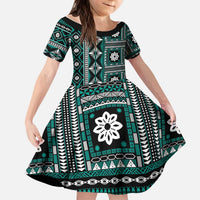 Fiji Masi Tapa Pattern Teal Kid Short Sleeve Dress - Polynesian Pride