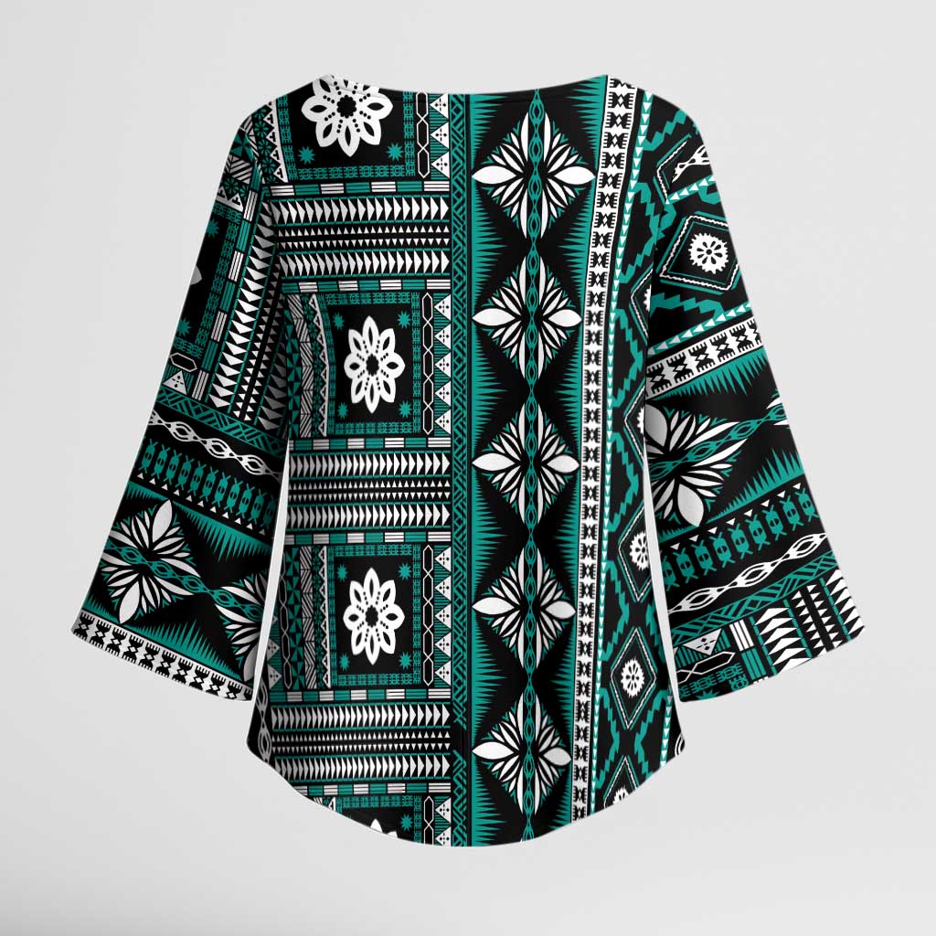 Fiji Masi Tapa Pattern Teal Kimono Sleeve Blouse - Polynesian Pride