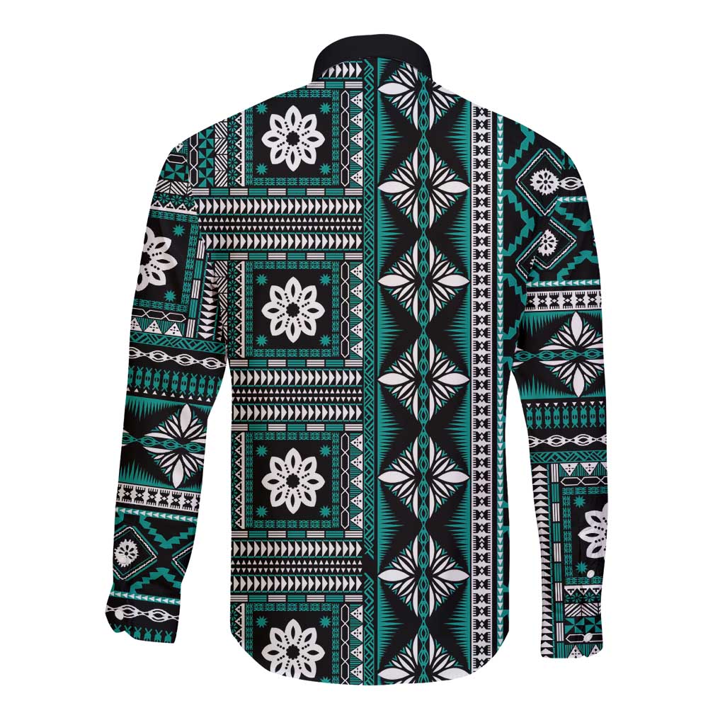 Fiji Masi Tapa Pattern Teal Long Sleeve Button Shirt - Polynesian Pride