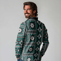 Fiji Masi Tapa Pattern Teal Long Sleeve Polo Shirt - Polynesian Pride