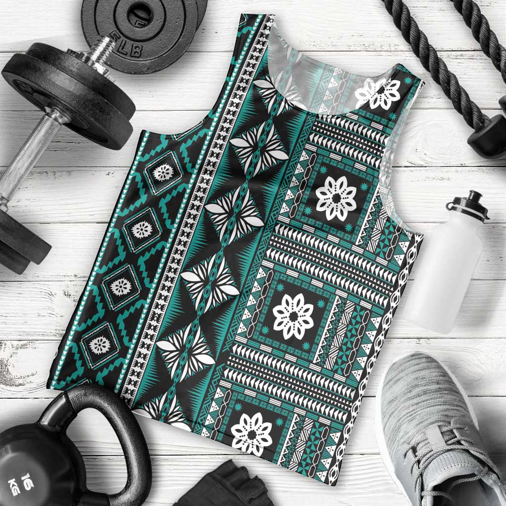Fiji Masi Tapa Pattern Teal Men Tank Top - Polynesian Pride