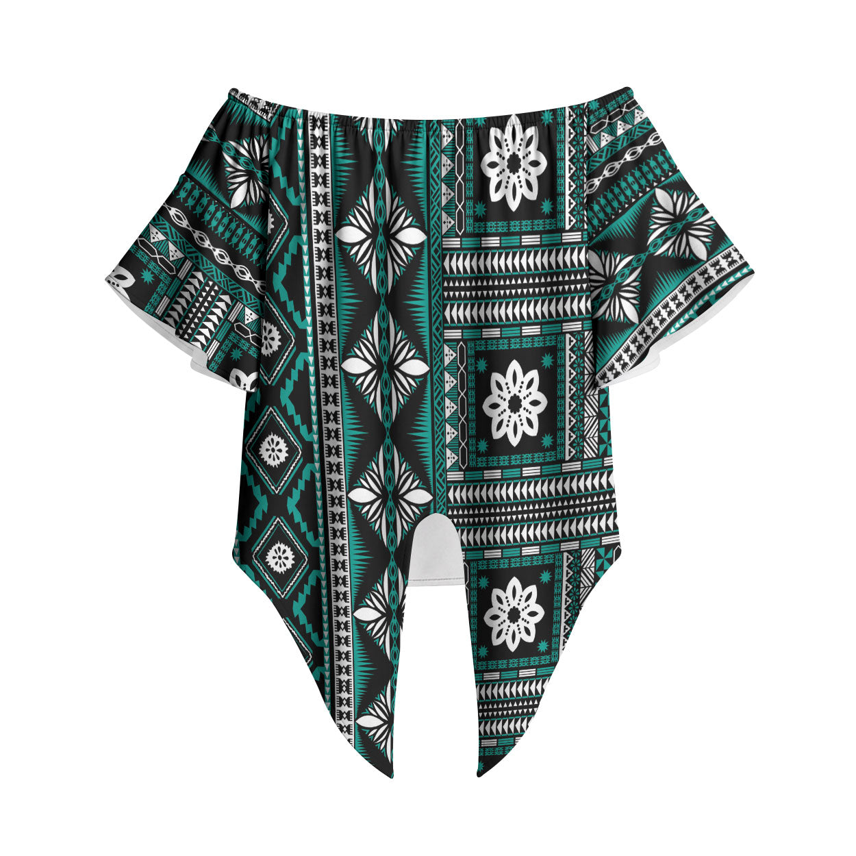 Fiji Masi Tapa Pattern Teal Off Shoulder Wrap Waist Top LT01 Teal - Polynesian Pride