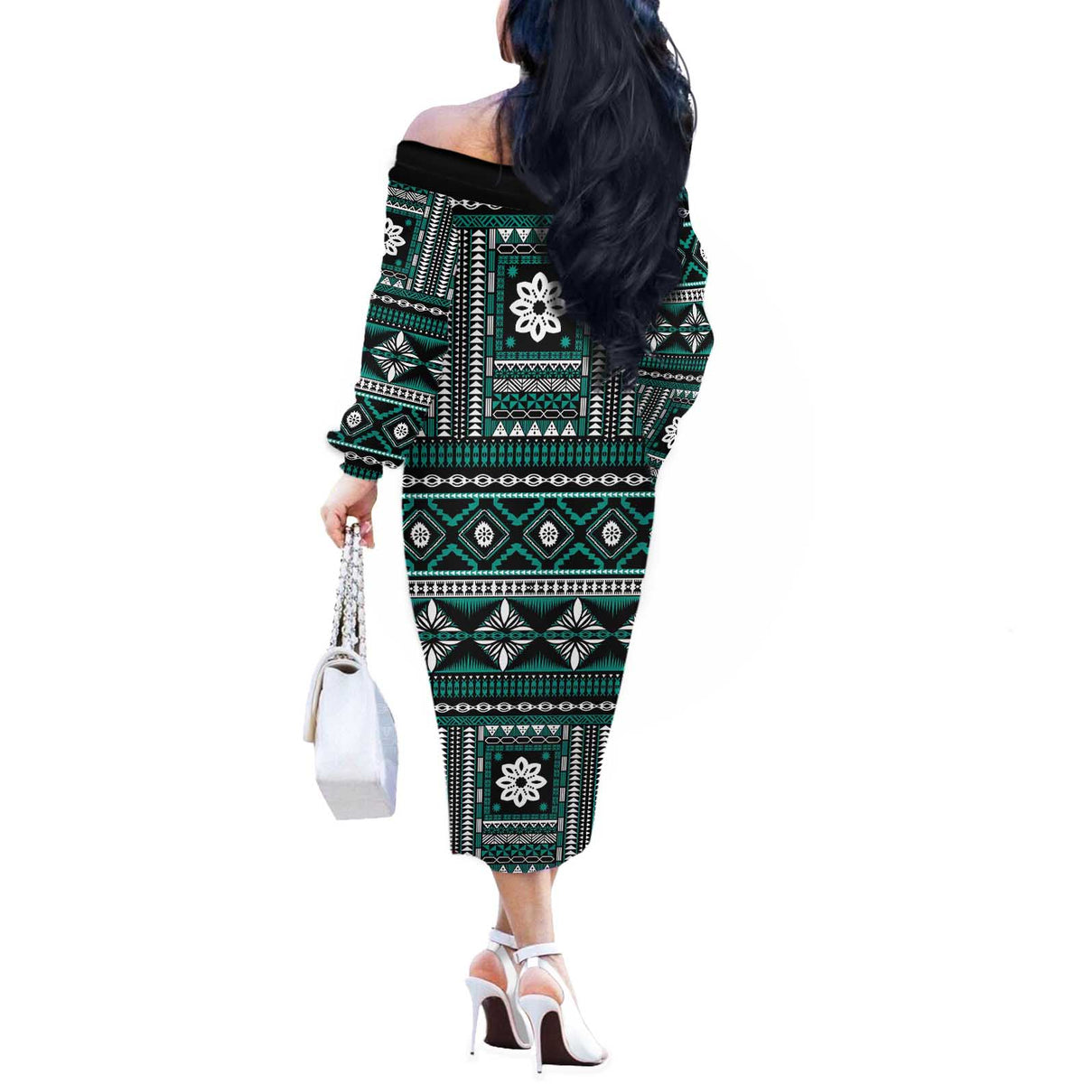 Fiji Masi Tapa Pattern Teal Off The Shoulder Long Sleeve Dress - Polynesian Pride