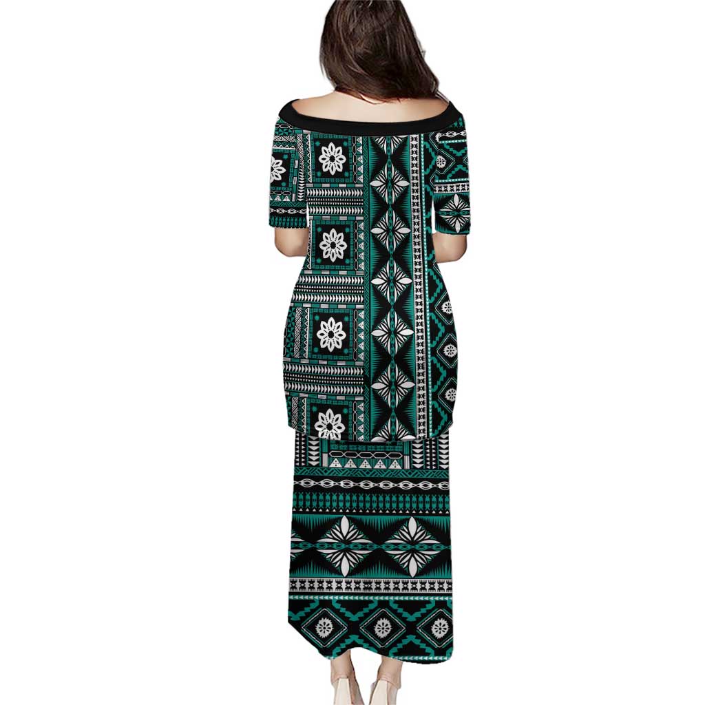 Fiji Masi Tapa Pattern Teal Puletasi - Polynesian Pride