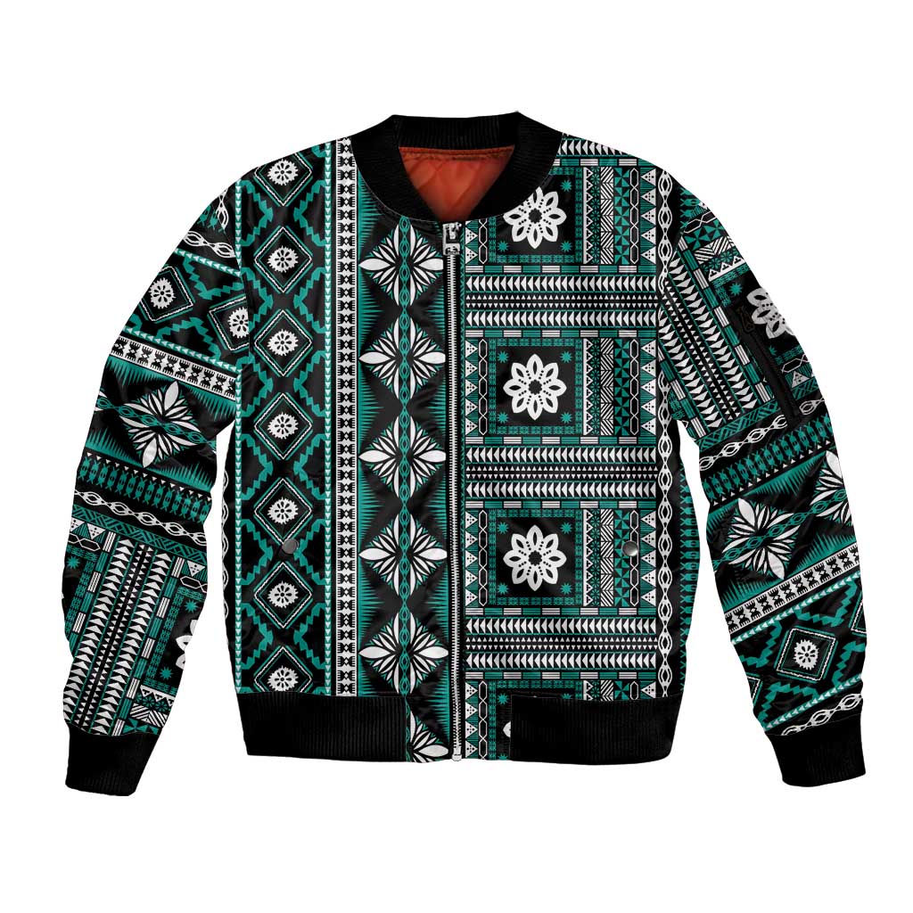 Fiji Masi Tapa Pattern Teal Sleeve Zip Bomber Jacket LT01 Unisex Teal - Polynesian Pride