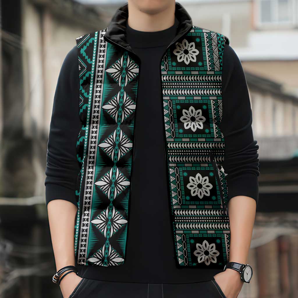 Fiji Masi Tapa Pattern Teal Sleeveless Puffer Jacket - Polynesian Pride