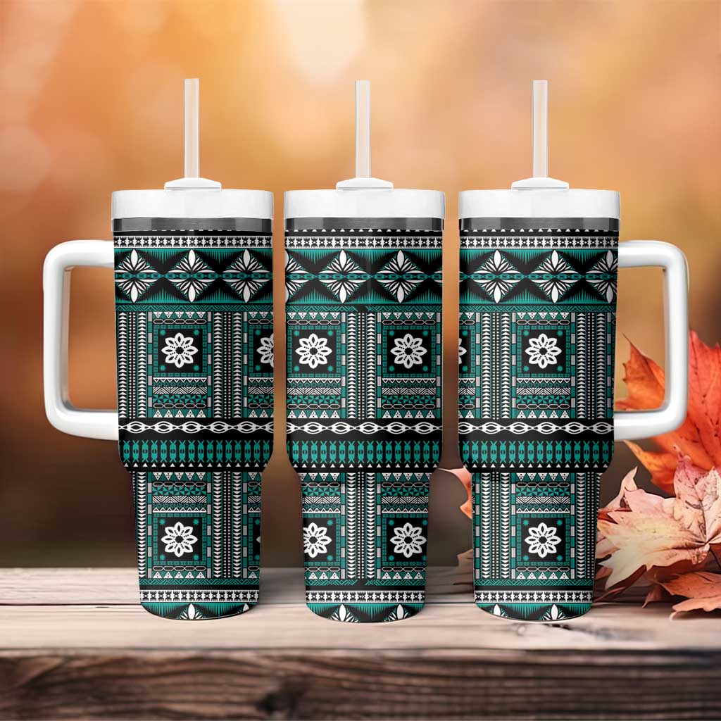 Fiji Masi Tapa Pattern Teal Tumbler With Handle - Polynesian Pride