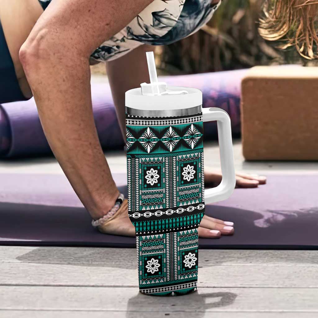 Fiji Masi Tapa Pattern Teal Tumbler With Handle - Polynesian Pride