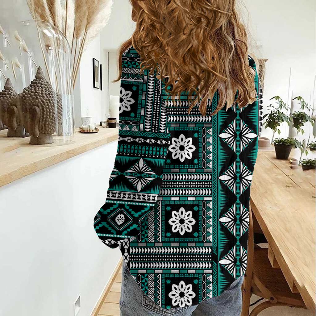 Fiji Masi Tapa Pattern Teal Women Casual Shirt - Polynesian Pride