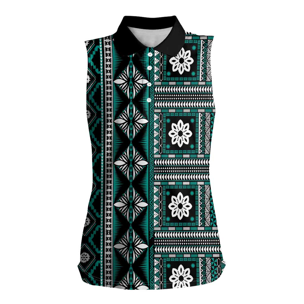 Fiji Masi Tapa Pattern Teal Women Sleeveless Polo Shirt LT01 Female Teal - Polynesian Pride