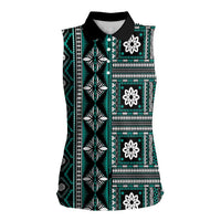 Fiji Masi Tapa Pattern Teal Women Sleeveless Polo Shirt LT01 Female Teal - Polynesian Pride
