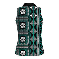 Fiji Masi Tapa Pattern Teal Women Sleeveless Polo Shirt LT01 - Polynesian Pride
