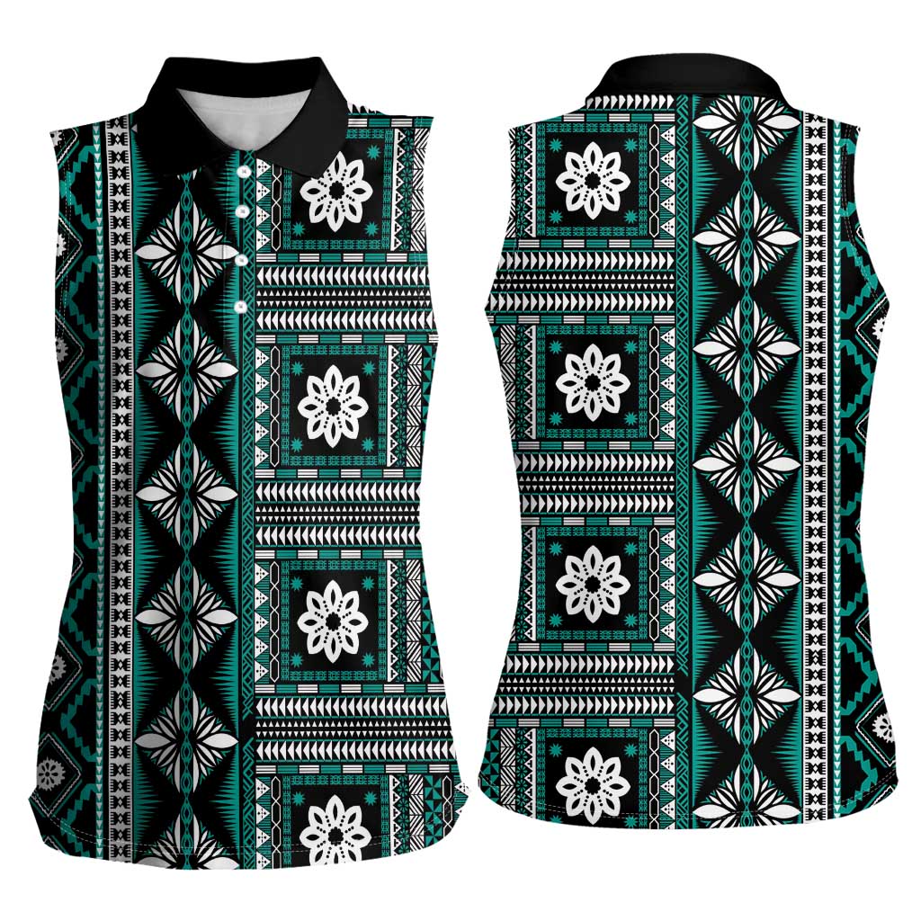Fiji Masi Tapa Pattern Teal Women Sleeveless Polo Shirt LT01 - Polynesian Pride