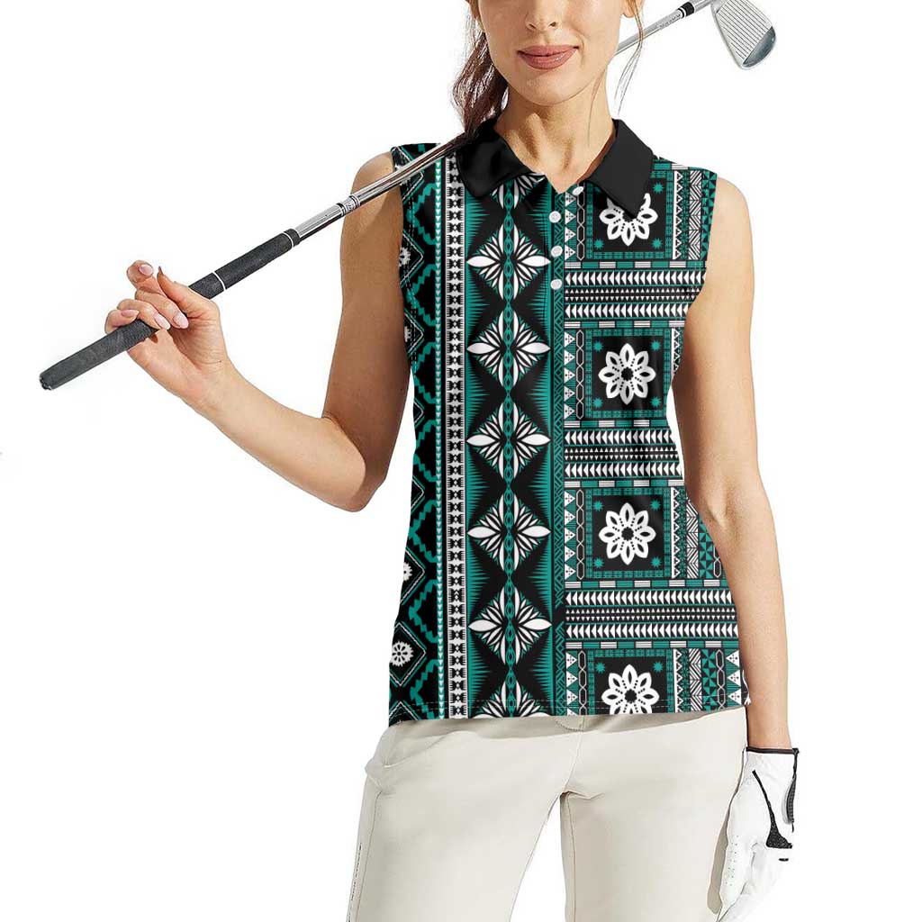 Fiji Masi Tapa Pattern Teal Women Sleeveless Polo Shirt LT01 - Polynesian Pride