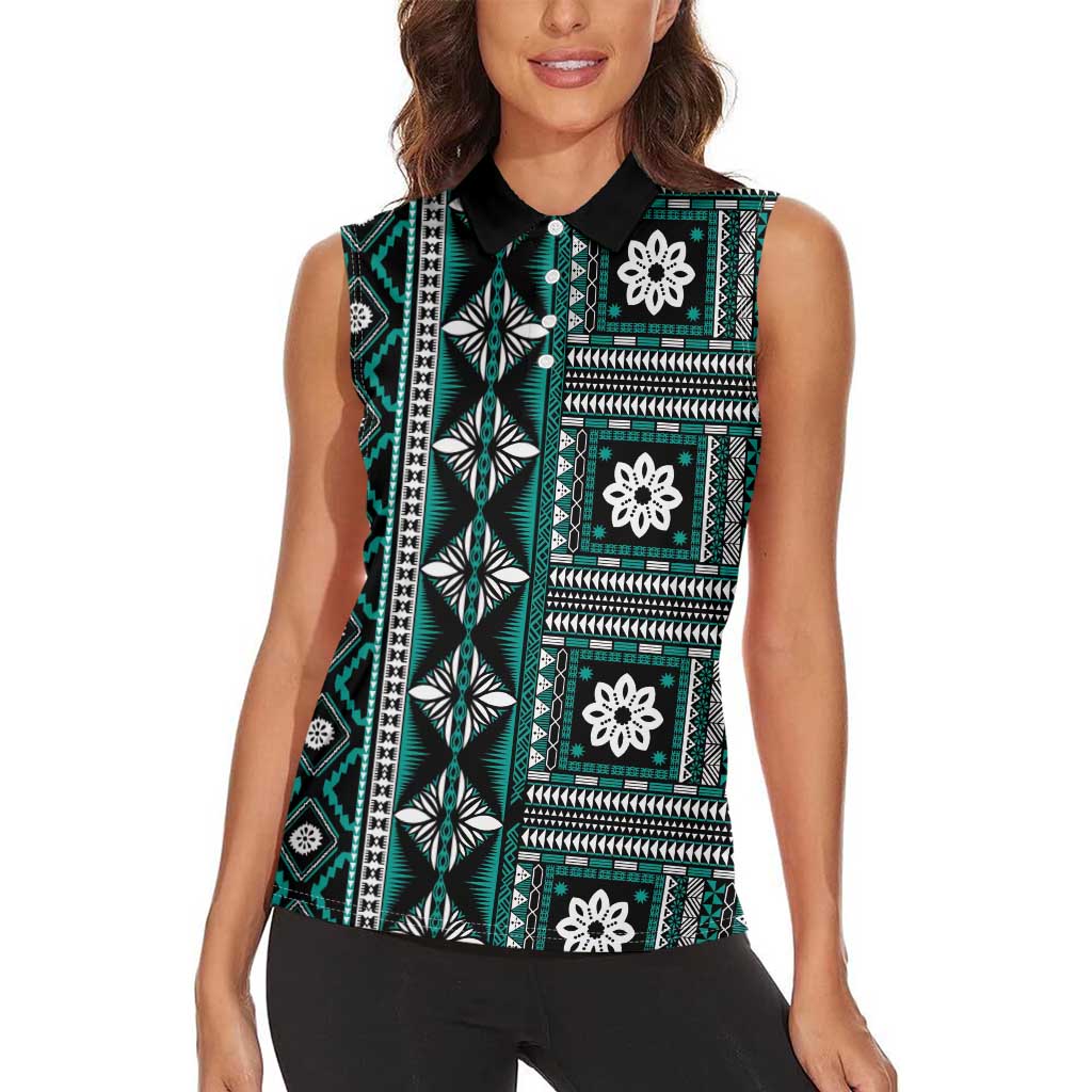 Fiji Masi Tapa Pattern Teal Women Sleeveless Polo Shirt LT01 - Polynesian Pride