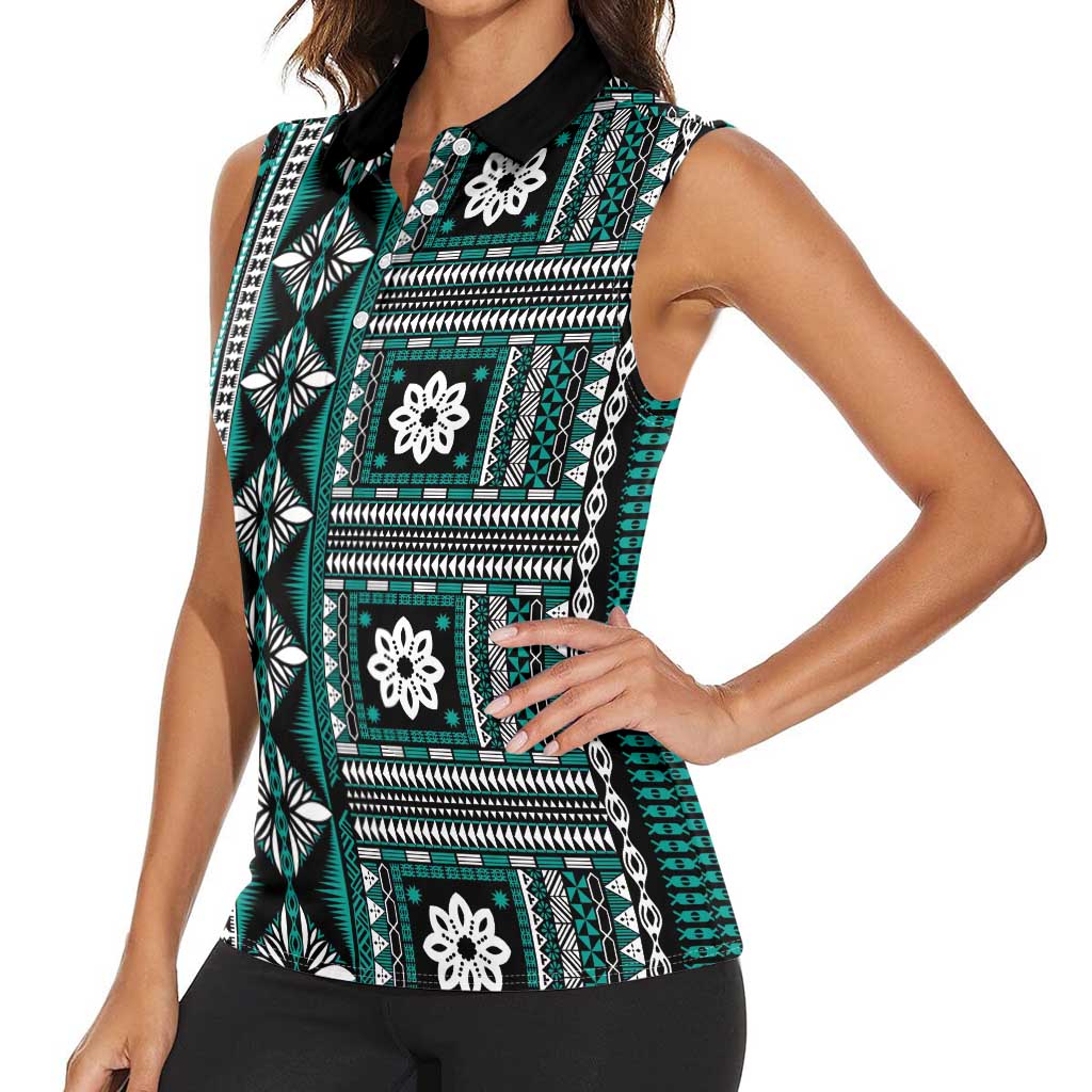 Fiji Masi Tapa Pattern Teal Women Sleeveless Polo Shirt LT01 - Polynesian Pride