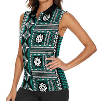 Fiji Masi Tapa Pattern Teal Women Sleeveless Polo Shirt LT01 - Polynesian Pride