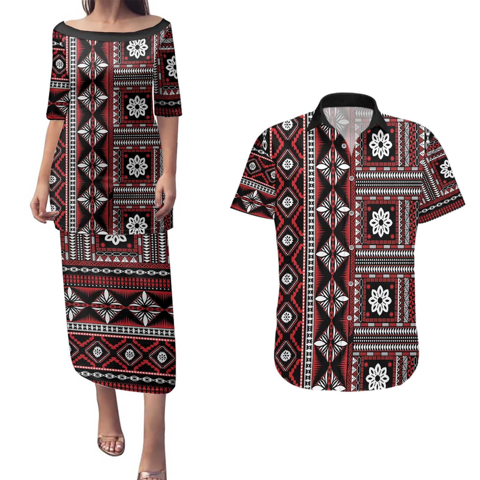 Fiji Masi Tapa Pattern Red Couples Matching Puletasi and Hawaiian Shirt LT01 Red - Polynesian Pride