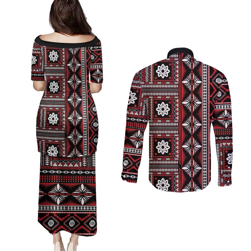 Fiji Masi Tapa Pattern Red Couples Matching Puletasi and Long Sleeve Button Shirt - Polynesian Pride
