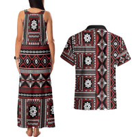 Fiji Masi Tapa Pattern Red Couples Matching Tank Maxi Dress and Hawaiian Shirt - Polynesian Pride