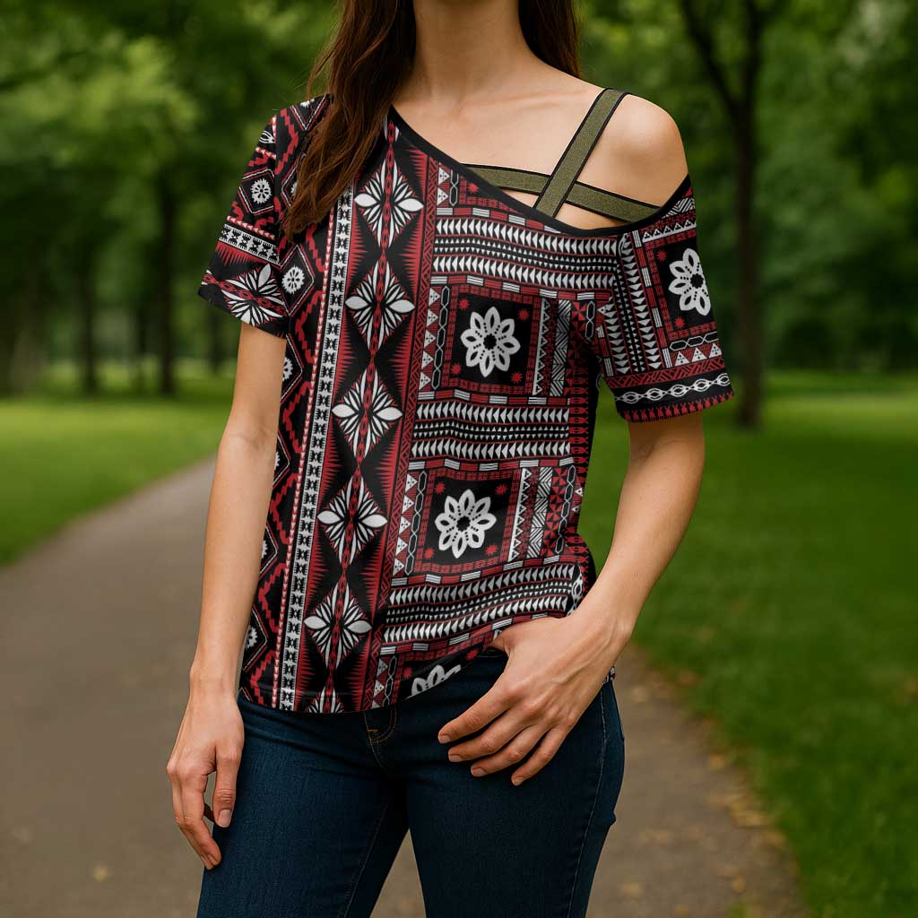 Fiji Masi Tapa Pattern Red Cross Shoulder Shirt - Polynesian Pride
