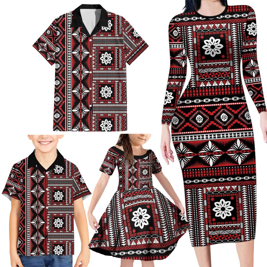 Fiji Masi Tapa Pattern Red Family Matching Long Sleeve Bodycon Dress and Hawaiian Shirt LT01 - Polynesian Pride