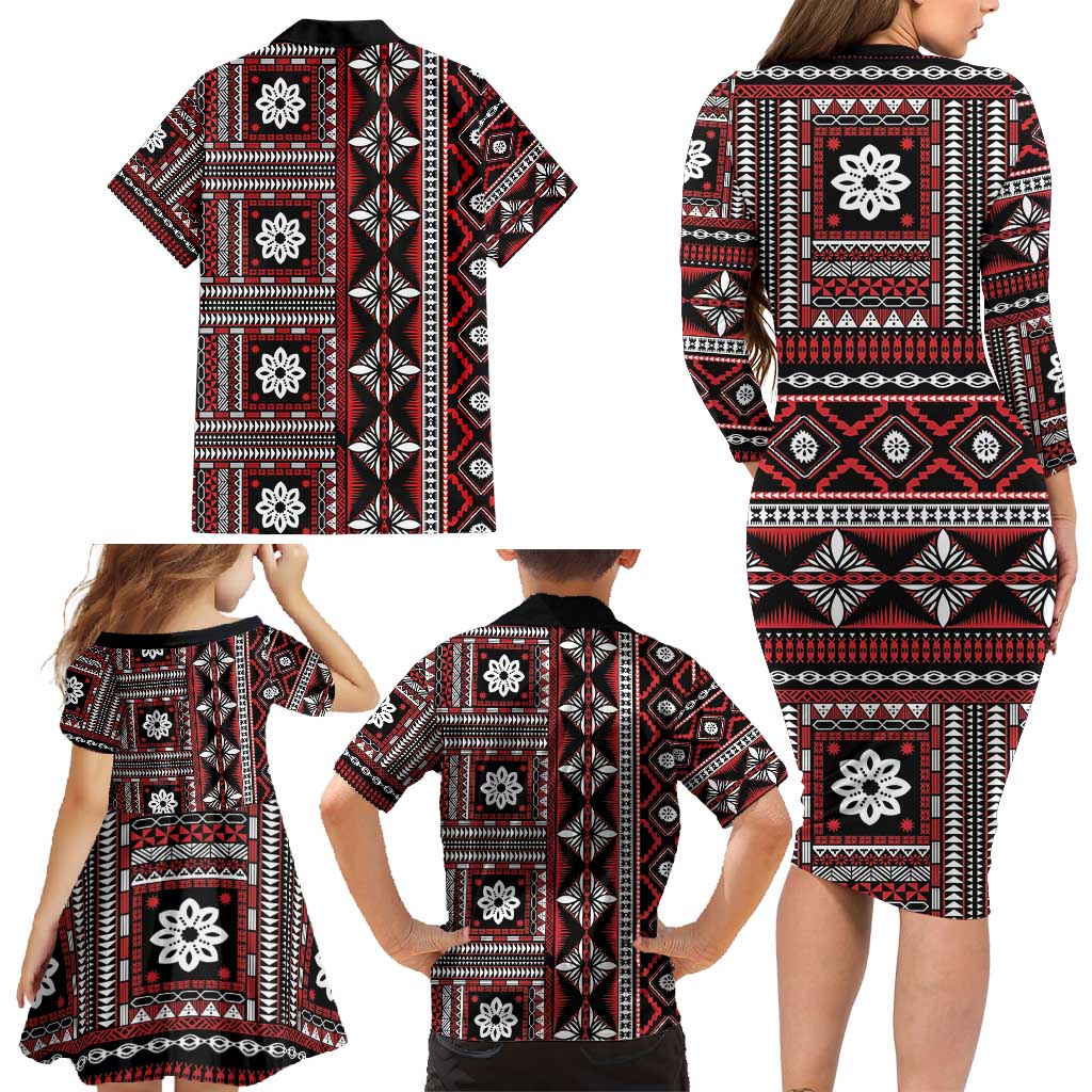 Fiji Masi Tapa Pattern Red Family Matching Long Sleeve Bodycon Dress and Hawaiian Shirt LT01 - Polynesian Pride