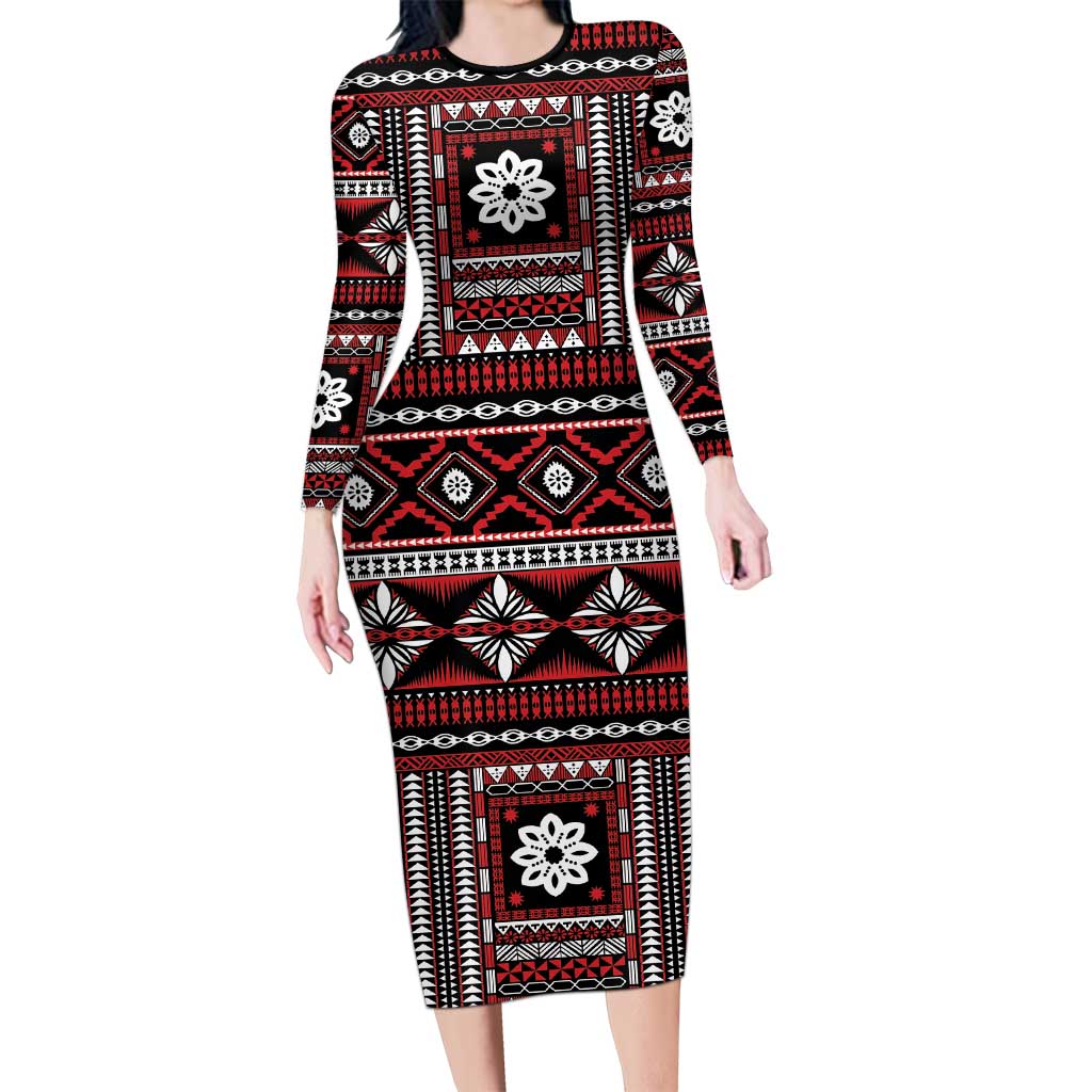 Fiji Masi Tapa Pattern Red Family Matching Long Sleeve Bodycon Dress and Hawaiian Shirt LT01 Mom's Dress Red - Polynesian Pride