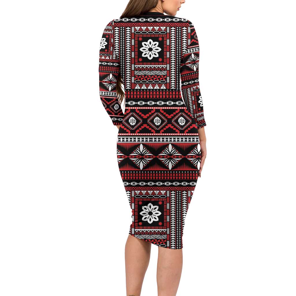 Fiji Masi Tapa Pattern Red Family Matching Long Sleeve Bodycon Dress and Hawaiian Shirt LT01 - Polynesian Pride
