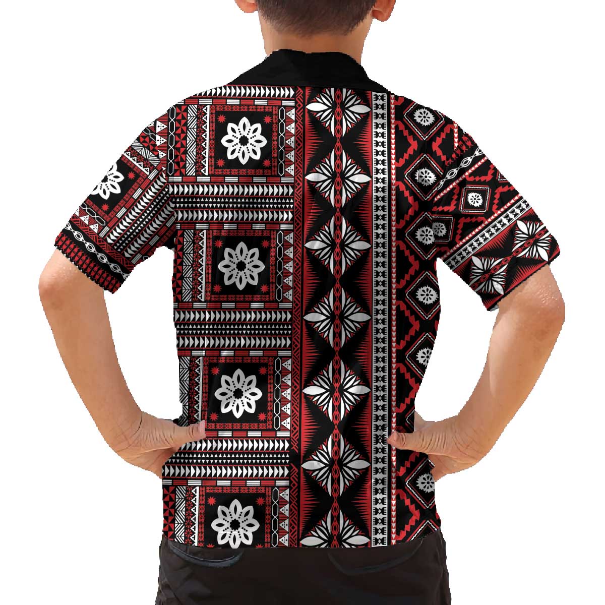 Fiji Masi Tapa Pattern Red Family Matching Off The Shoulder Long Sleeve Dress and Hawaiian Shirt LT01 - Polynesian Pride