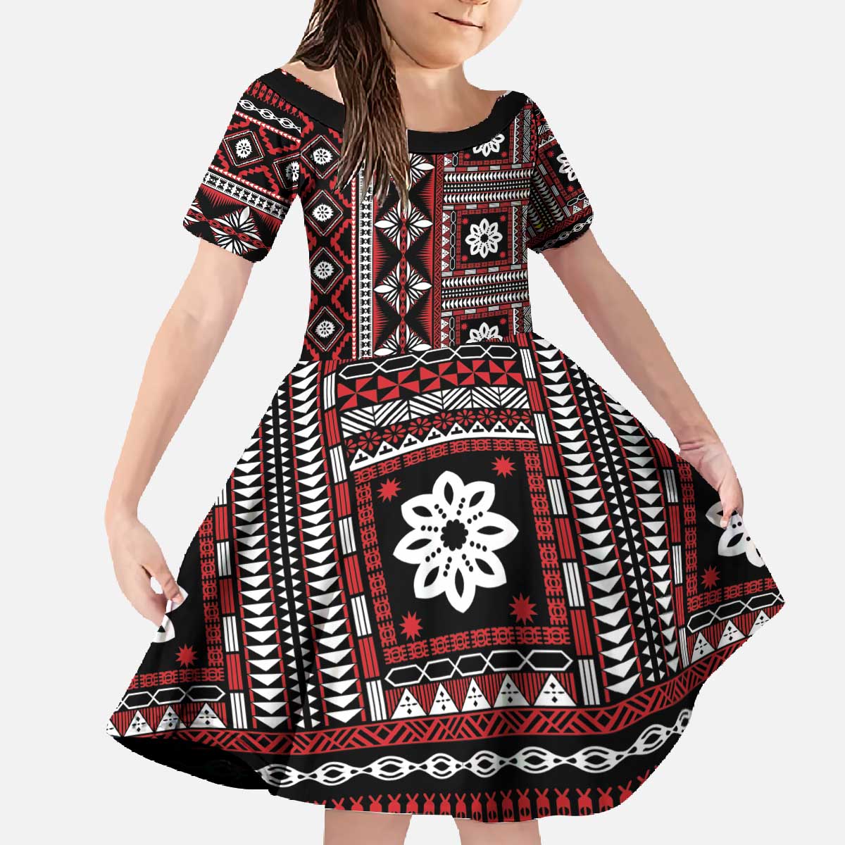 Fiji Masi Tapa Pattern Red Family Matching Off The Shoulder Long Sleeve Dress and Hawaiian Shirt LT01 Daughter's Dress Red - Polynesian Pride