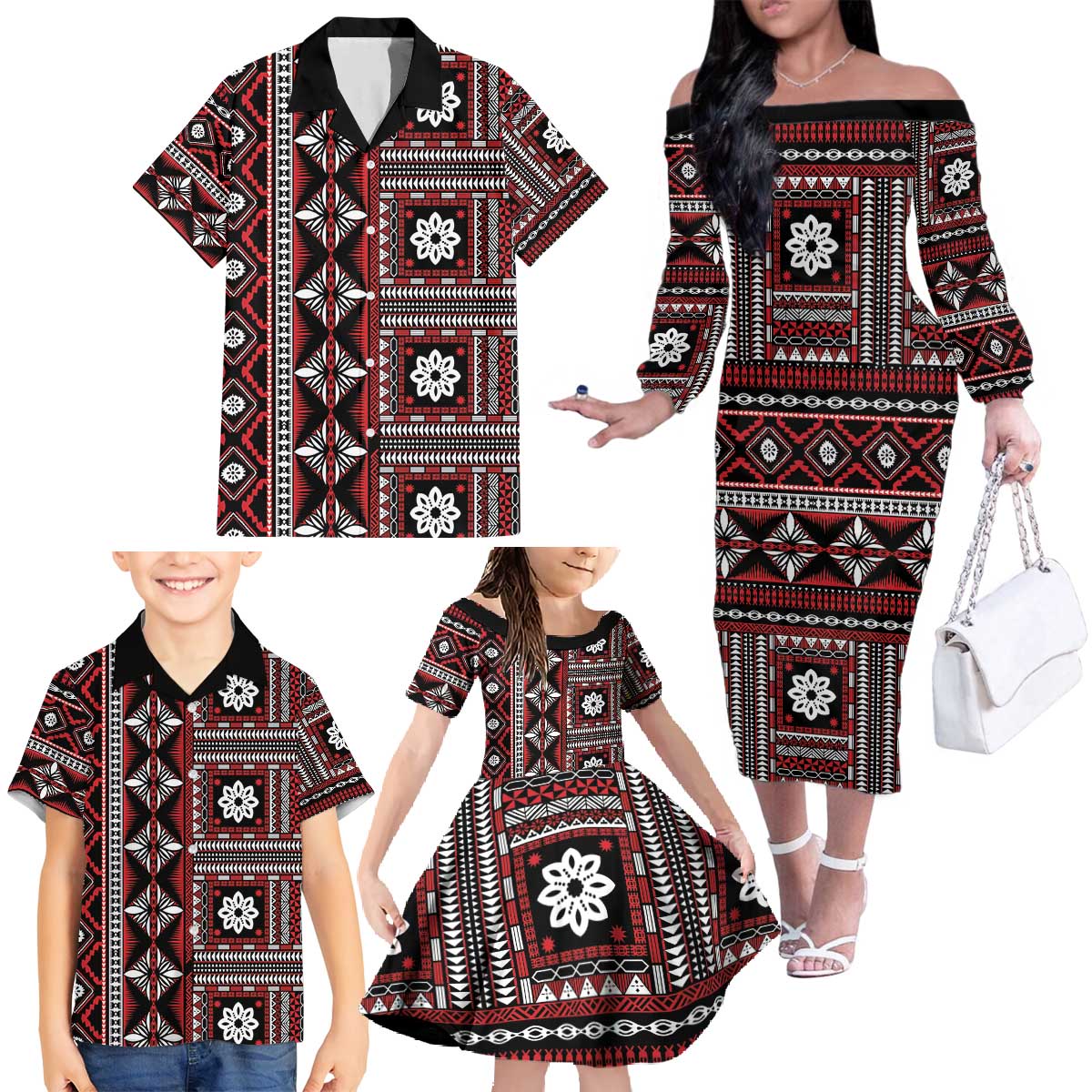 Fiji Masi Tapa Pattern Red Family Matching Off The Shoulder Long Sleeve Dress and Hawaiian Shirt LT01 - Polynesian Pride