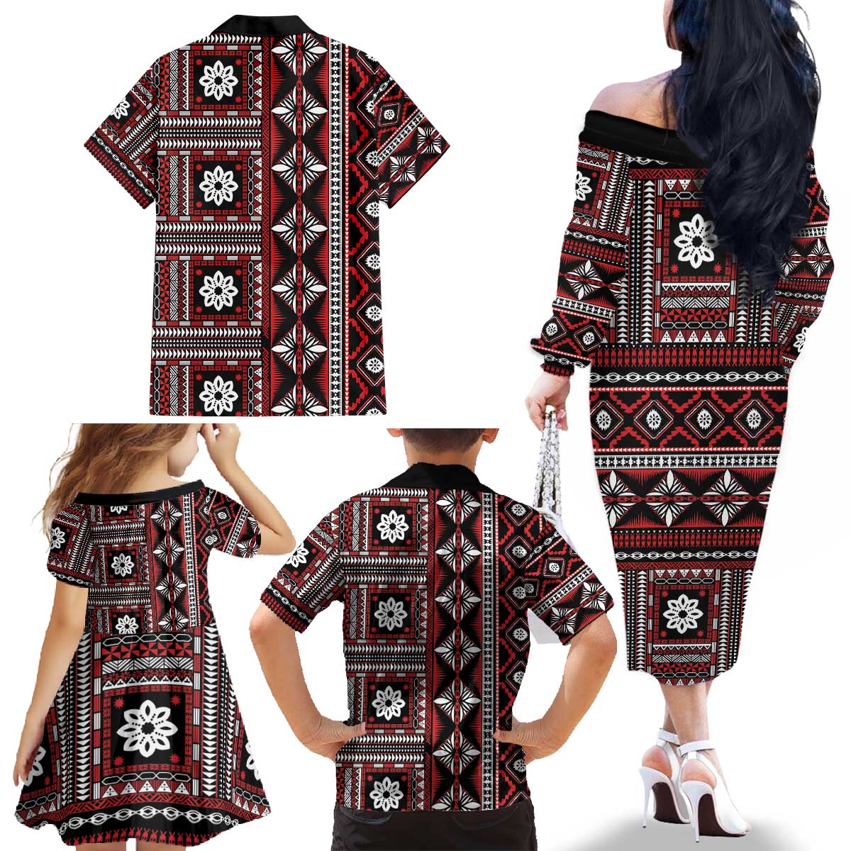 Fiji Masi Tapa Pattern Red Family Matching Off The Shoulder Long Sleeve Dress and Hawaiian Shirt LT01 - Polynesian Pride