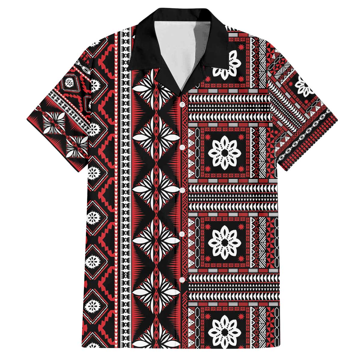 Fiji Masi Tapa Pattern Red Family Matching Off The Shoulder Long Sleeve Dress and Hawaiian Shirt LT01 Dad's Shirt - Short Sleeve Red - Polynesian Pride
