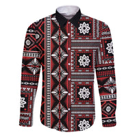 Fiji Masi Tapa Pattern Red Family Matching Off The Shoulder Long Sleeve Dress and Hawaiian Shirt LT01 Dad's Shirt - Long Sleeve Red - Polynesian Pride