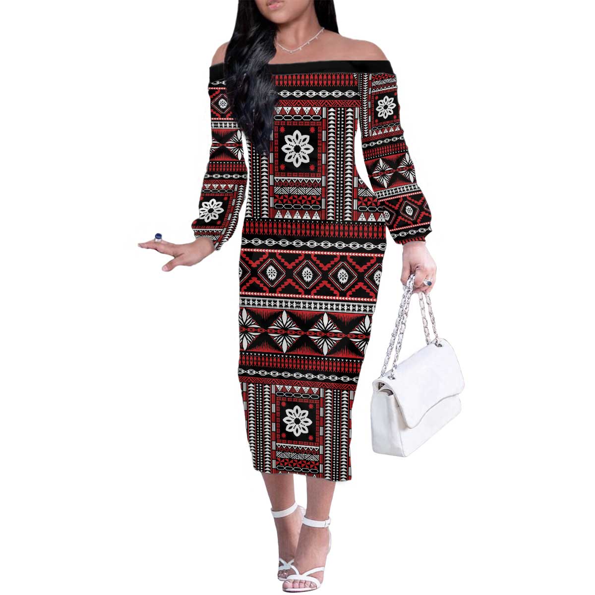 Fiji Masi Tapa Pattern Red Family Matching Off The Shoulder Long Sleeve Dress and Hawaiian Shirt LT01 Mom's Dress Red - Polynesian Pride