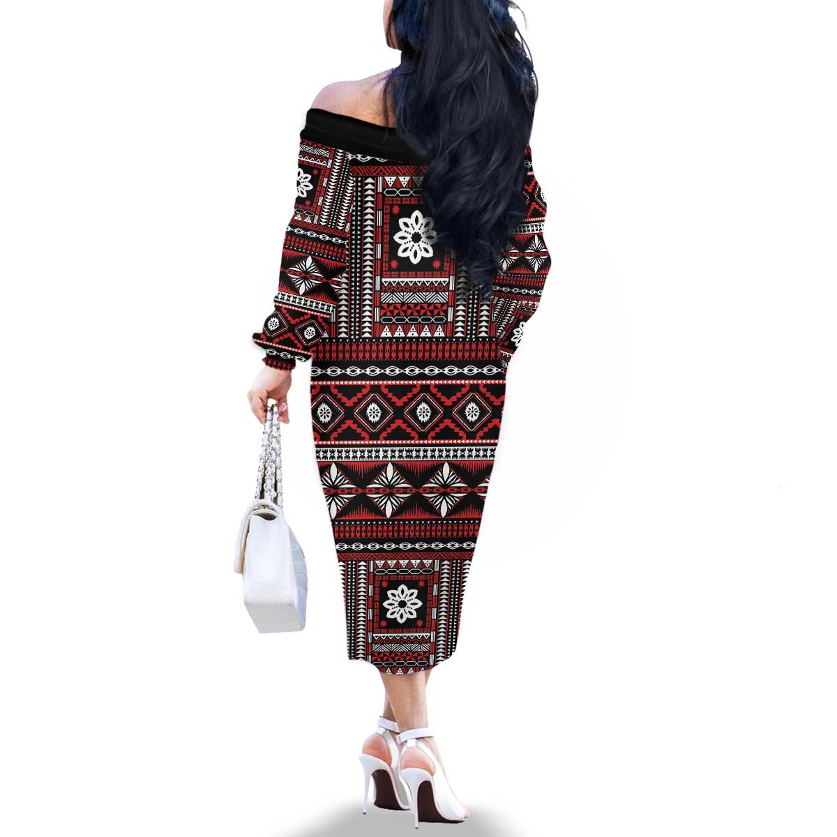 Fiji Masi Tapa Pattern Red Family Matching Off The Shoulder Long Sleeve Dress and Hawaiian Shirt LT01 - Polynesian Pride