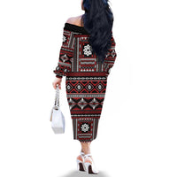Fiji Masi Tapa Pattern Red Family Matching Off The Shoulder Long Sleeve Dress and Hawaiian Shirt LT01 - Polynesian Pride