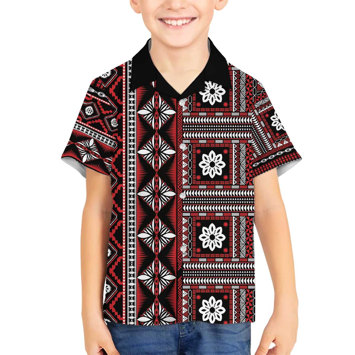 Fiji Masi Tapa Pattern Red Family Matching Off The Shoulder Long Sleeve Dress and Hawaiian Shirt LT01 Son's Shirt Red - Polynesian Pride