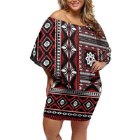 Fiji Masi Tapa Pattern Red Family Matching Off Shoulder Short Dress and Hawaiian Shirt - Polynesian Pride