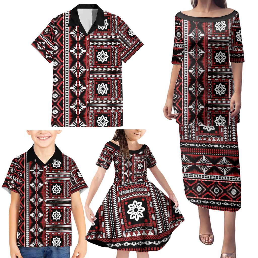 Fiji Masi Tapa Pattern Red Family Matching Puletasi and Hawaiian Shirt - Polynesian Pride