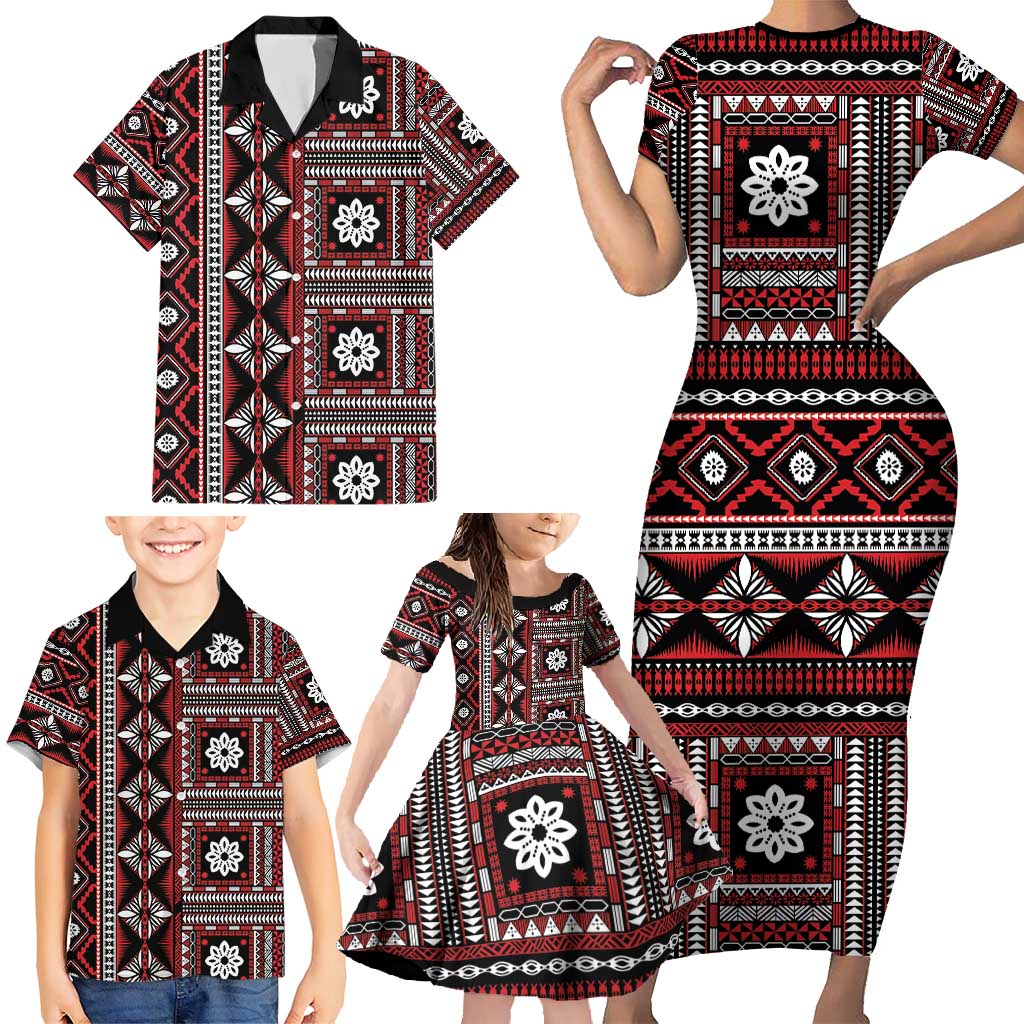 Fiji Masi Tapa Pattern Red Family Matching Short Sleeve Bodycon Dress and Hawaiian Shirt LT01 - Polynesian Pride